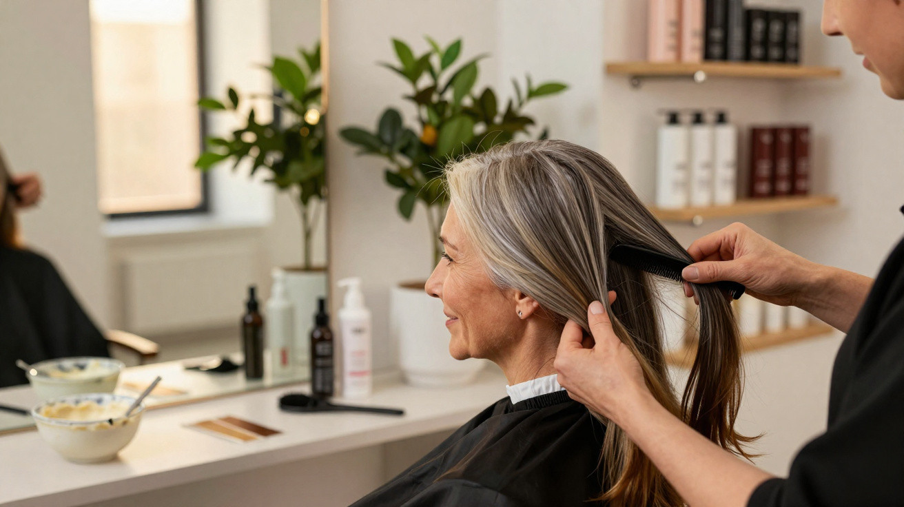 Mulher sorrindo sentada em salão de beleza enquanto cabeleireiro penteia seu cabelo longo e grisalho.