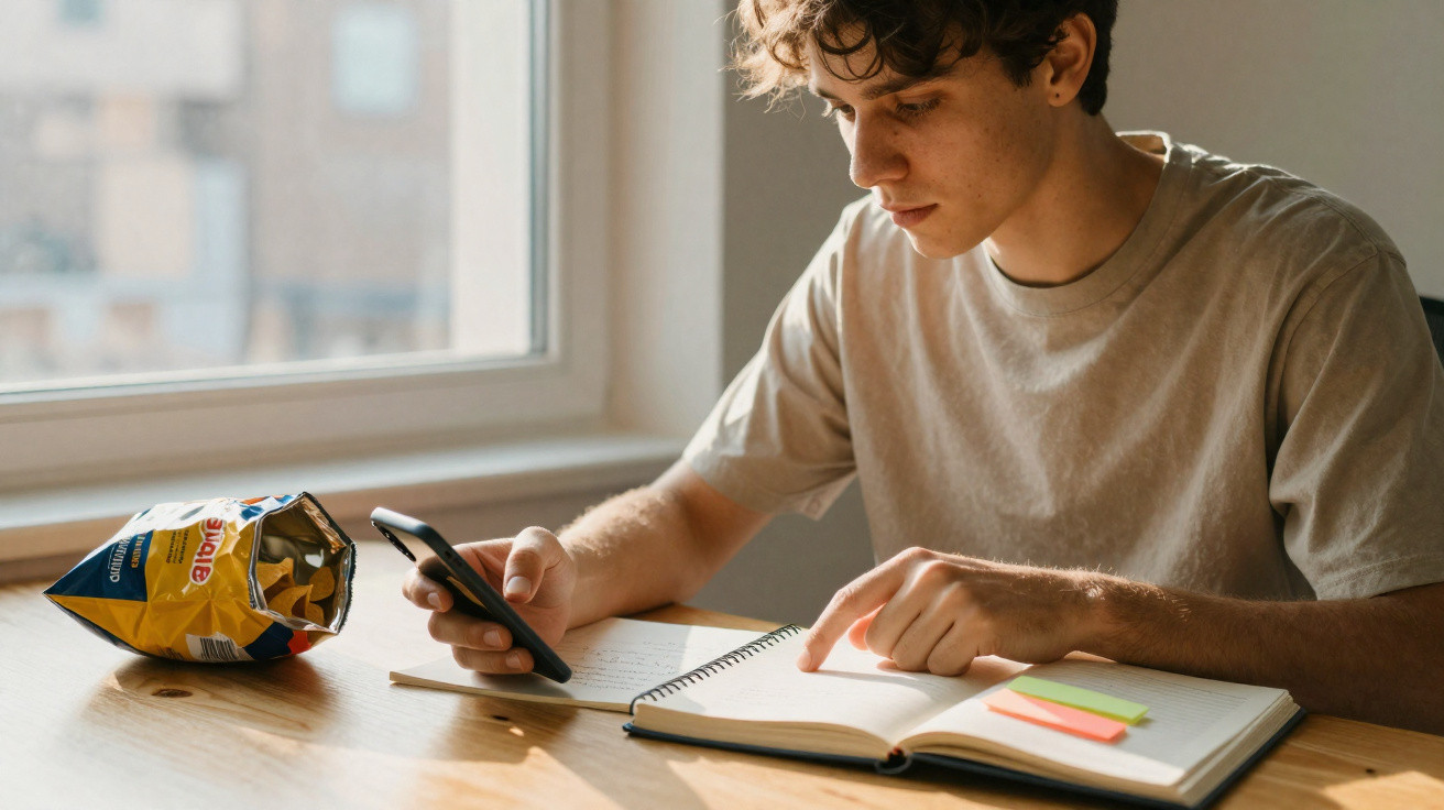 Jovem sentado à mesa estudando com celular na mão e caderno aberto, ao lado pacote aberto de salgadinhos.