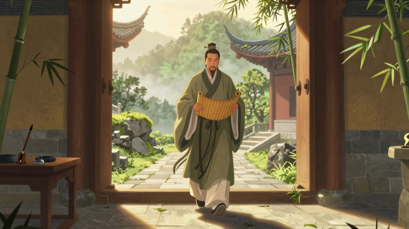 Homem vestido com traje tradicional chinês segurando pergaminho em templo antigo com jardim ao fundo.