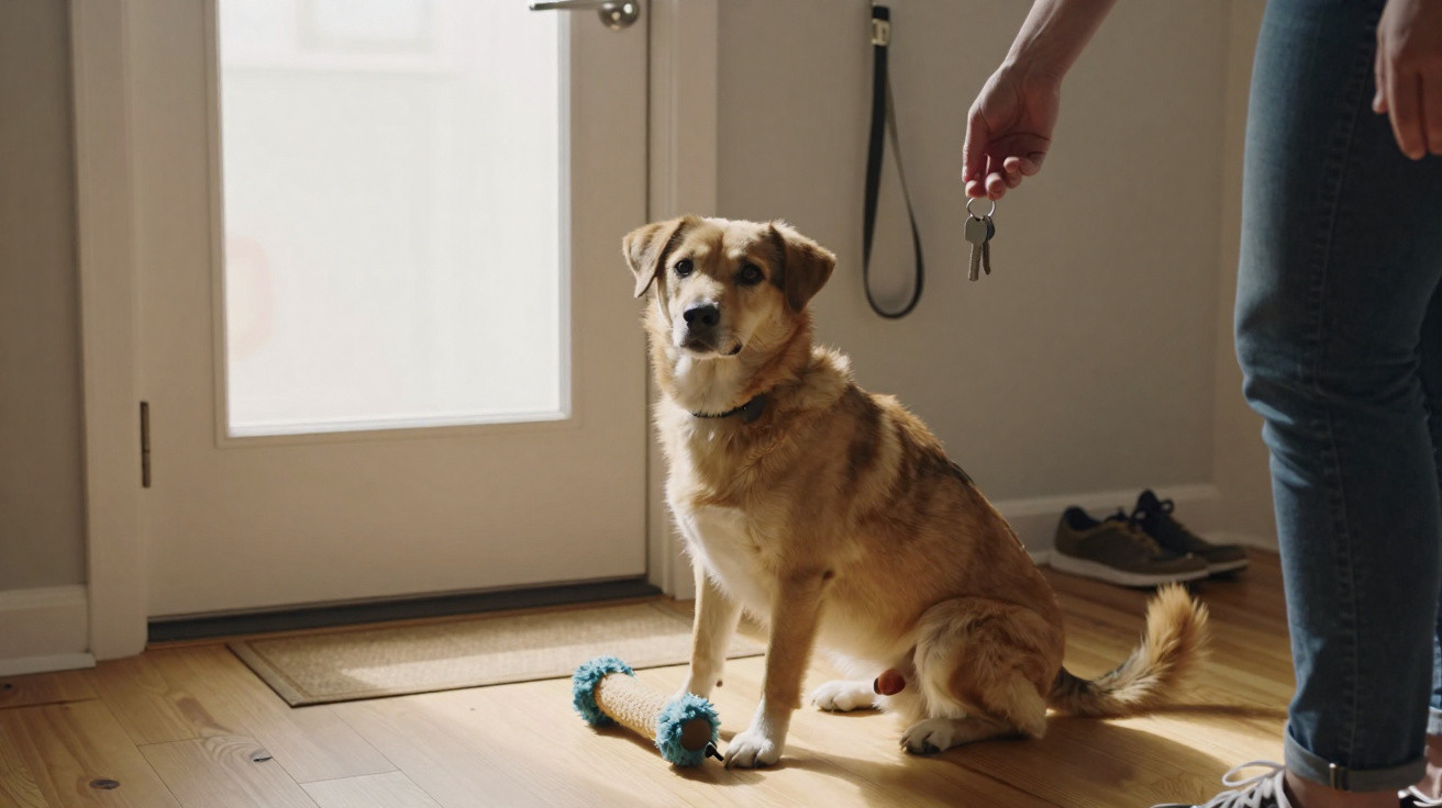 Cachorro sentado no chão de casa olhando para uma pessoa segurando chaves perto da porta.