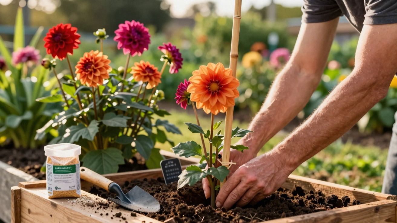 Mãos plantando flor laranja em canteiro de madeira, com flores coloridas e ferramenta de jardinagem ao lado.