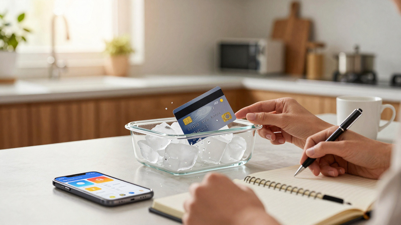 Pessoa mergulhando cartão de crédito em recipiente com gelo sobre mesa com caderno, caneta e celular.