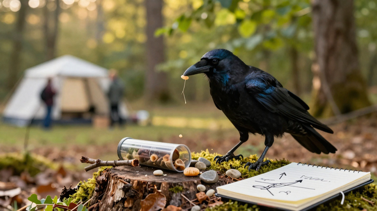 Corvo na floresta segurando alimento próximo a potes e caderno sobre tronco coberto de musgo.