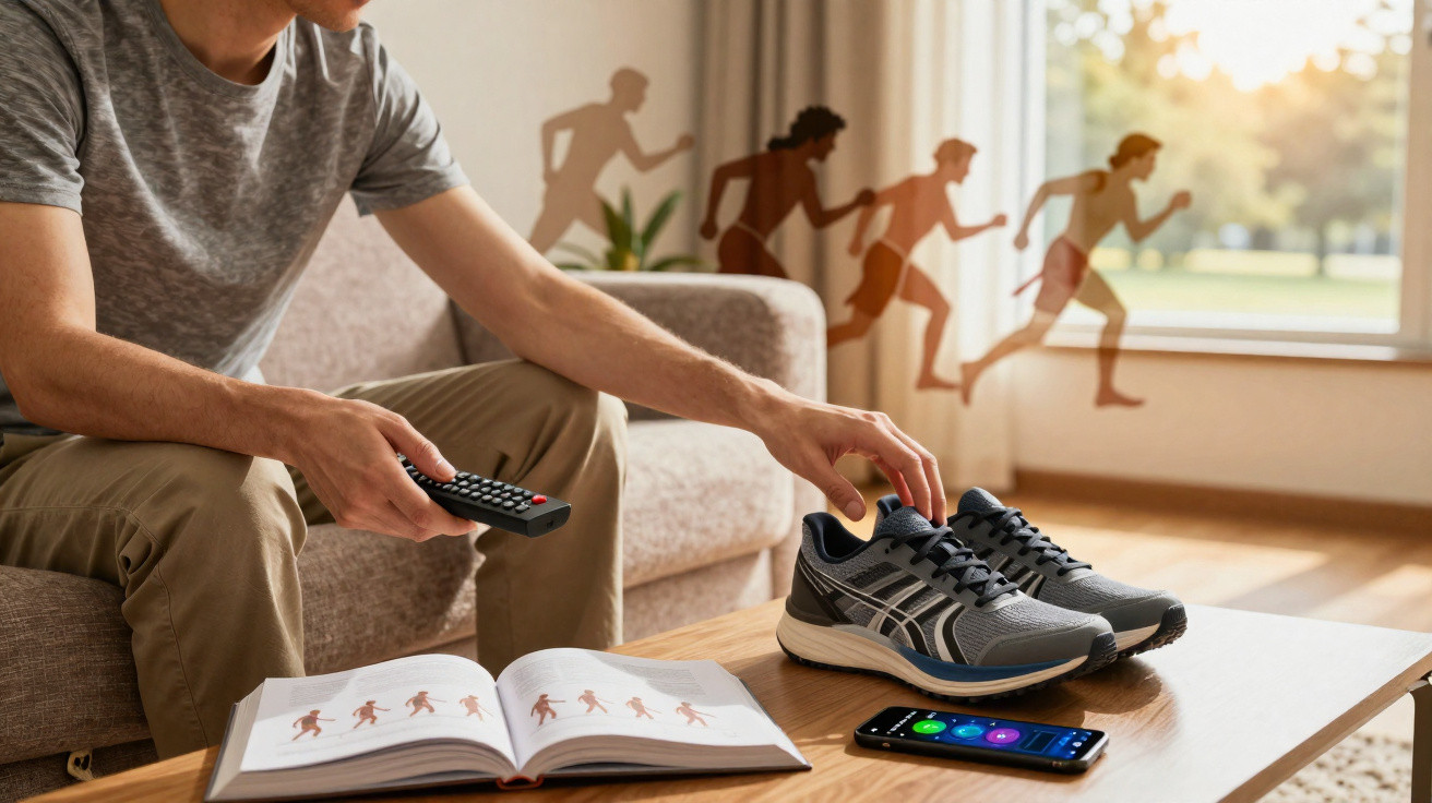Pessoa sentada pega tênis de corrida com controle remoto na mão, livro e celular na mesa.