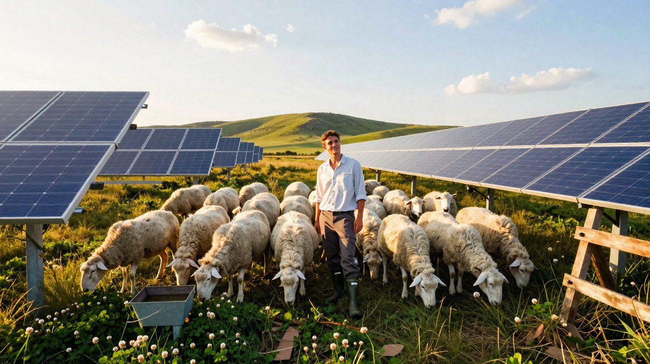 Homem com ovelhas pastando entre painéis solares em área rural sob céu azul com nuvens.