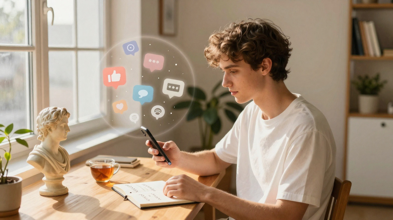 Jovem sentado à mesa usando smartphone com ícones de redes sociais flutuando em ambiente claro e aconchegante.