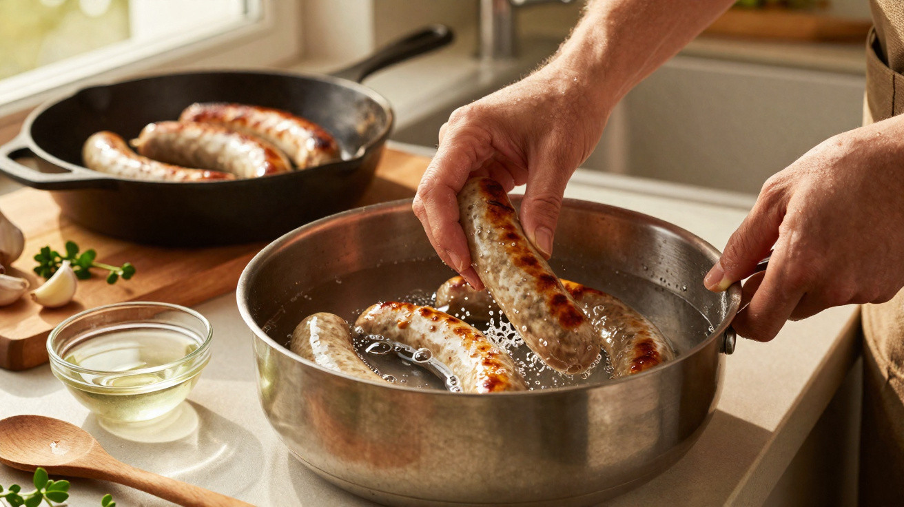 Mãos colocando salsichas douradas em panela com água na cozinha, com frigideira e temperos ao fundo.