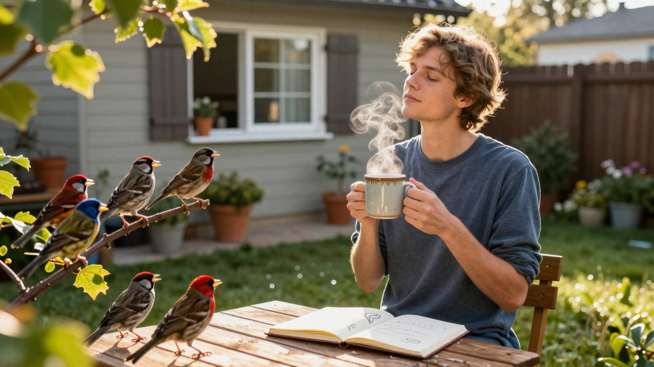 Jovem sentado ao ar livre, segurando caneca quente, com pássaros em galho próximo e caderno aberto à sua frente.