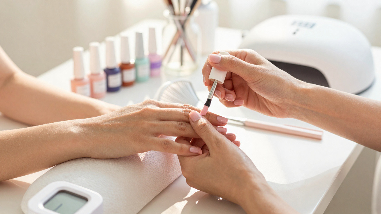 Mãos femininas durante aplicação de esmalte em salão, com equipamentos e vidrinhos de esmalte ao fundo.