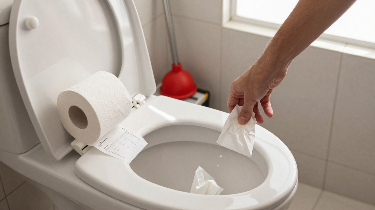 Mão jogando papel higiênico usado em vaso sanitário branco em banheiro com azulejos claros.