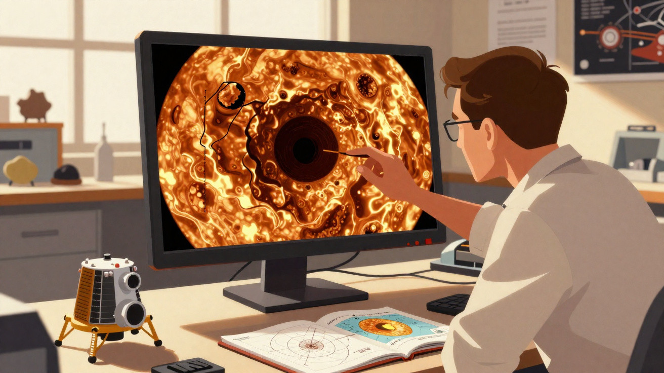 Homem com óculos estuda padrão do interior do planeta Júpiter em tela de computador em laboratório.