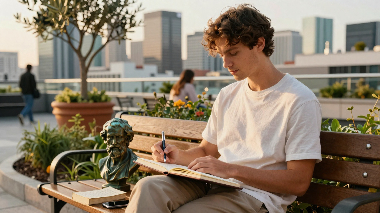 Jovem sentado em banco ao ar livre escrevendo em caderno, com busto de escultor e livro ao lado.