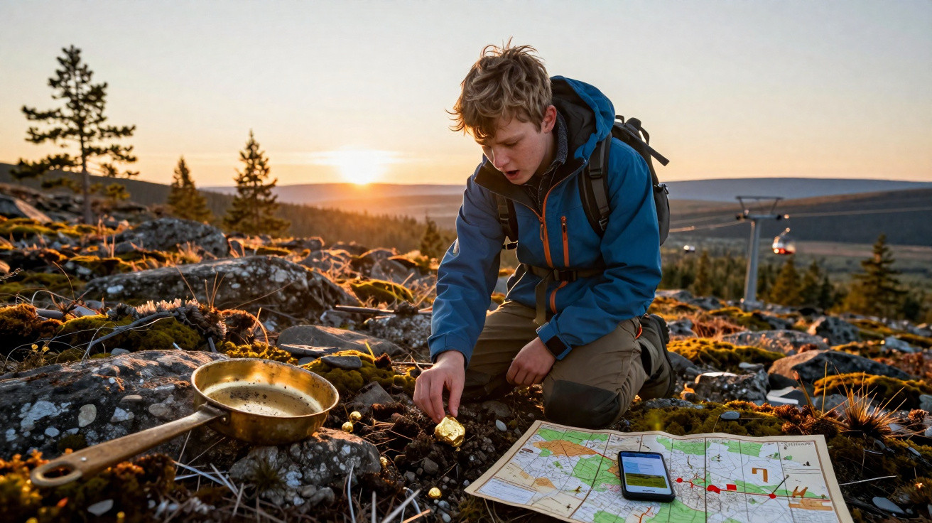 Criança explorando a natureza ao pôr do sol com mapa, celular e panela em terreno rochoso e vegetação rasteira.