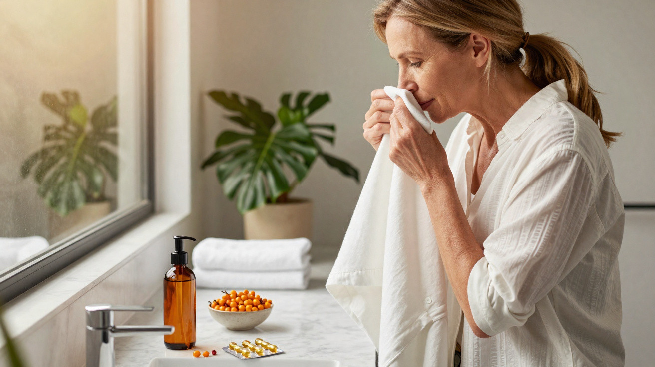 Mulher loira segurando pano branco no rosto em banheiro iluminado, com planta e remédios sobre a pia.