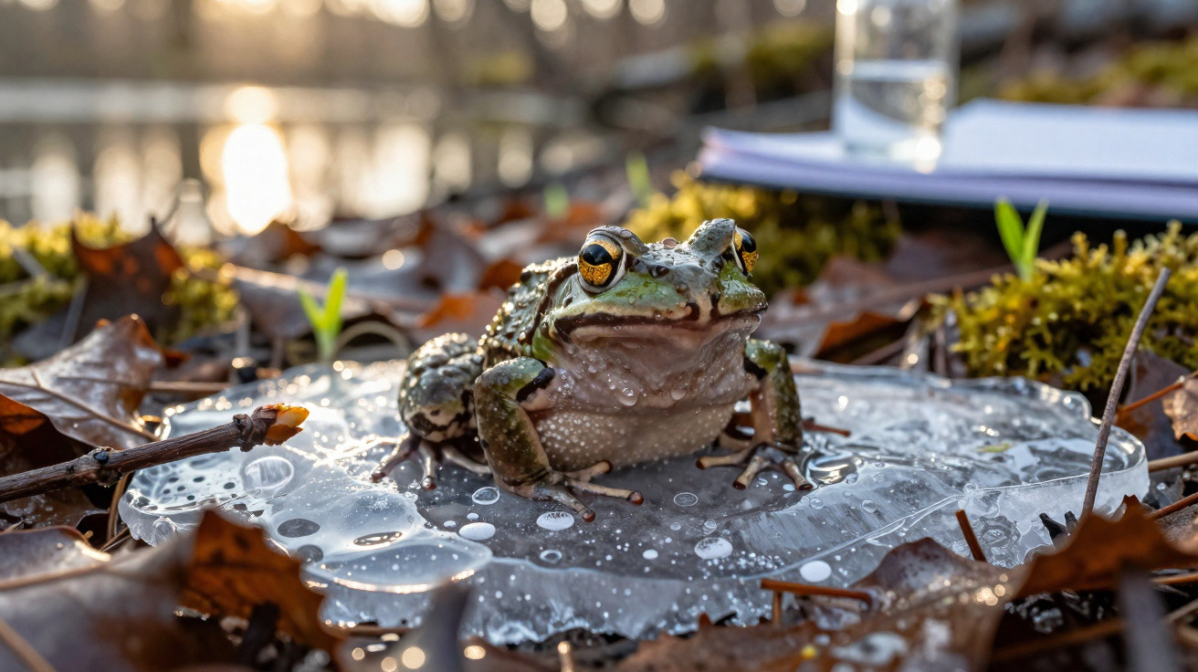 Sapo molhado sobre gelo cercado por folhas secas e vegetação em ambiente ao ar livre.