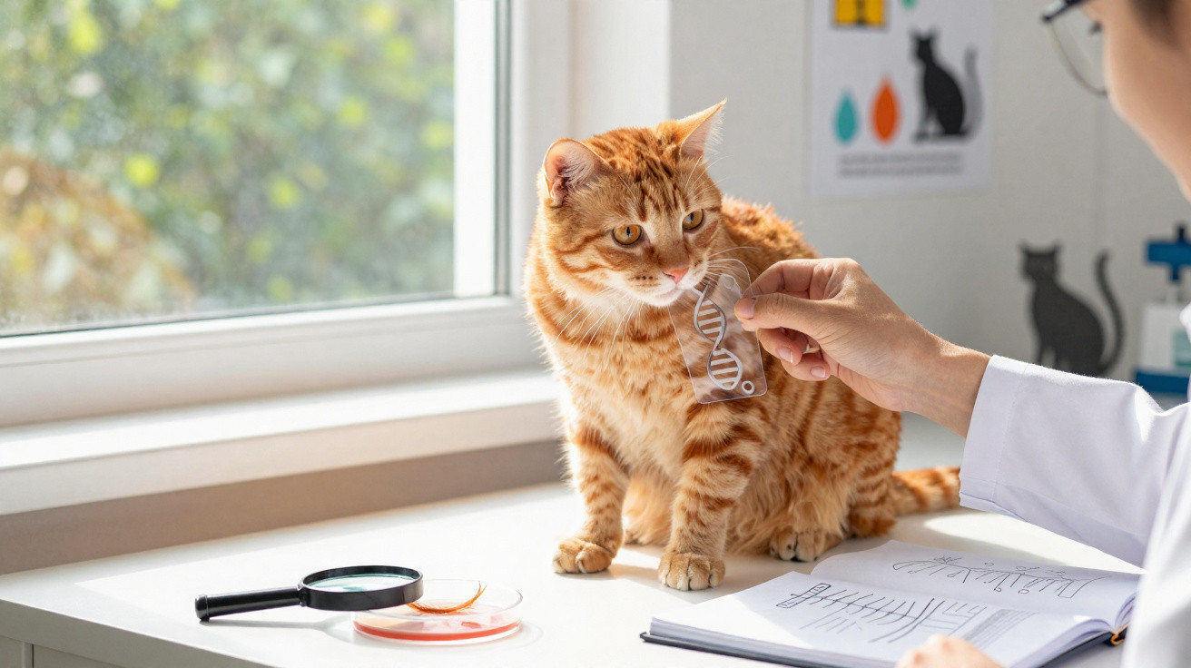 Veterinário mostrando modelo de DNA para gato laranja em clínica ao lado de lupa e anotações.