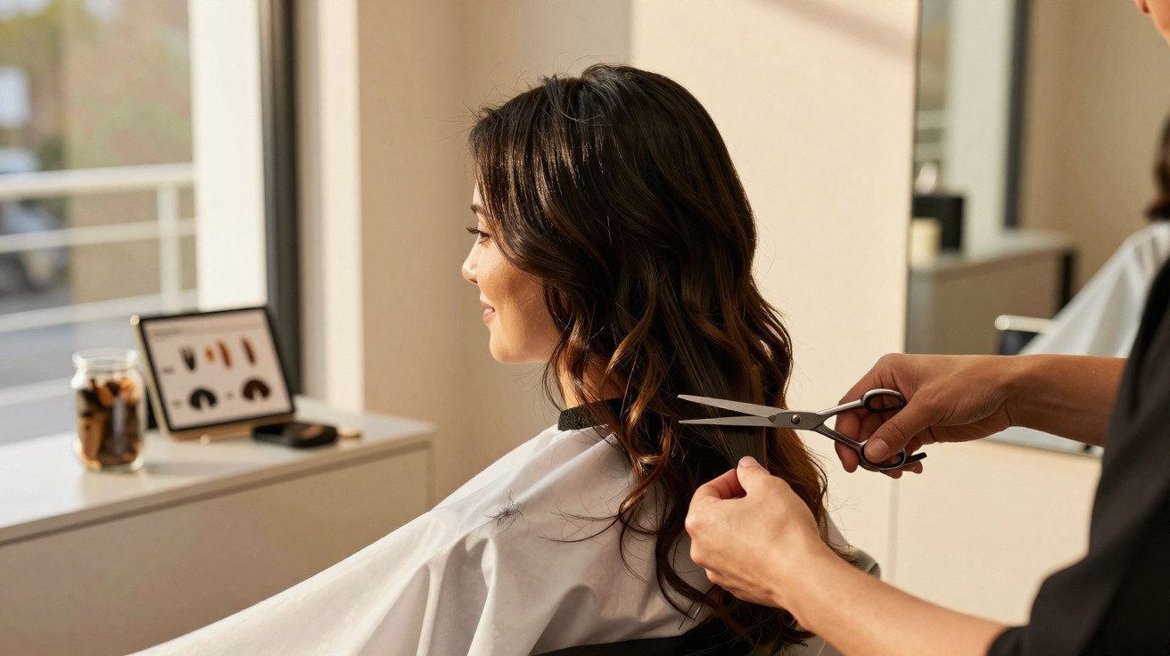 Mulher sorrindo recebendo corte de cabelo em salão moderno com luz natural.