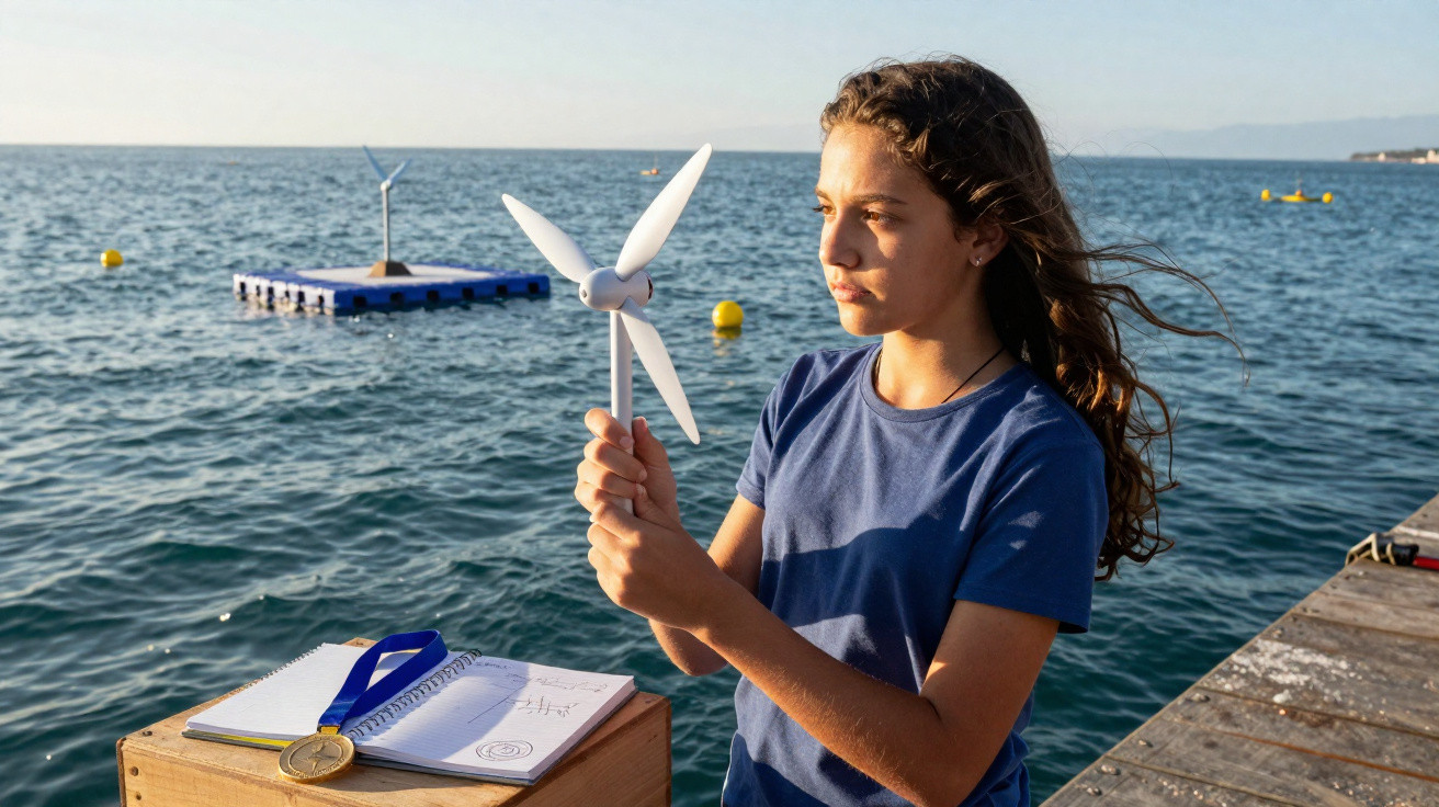 Garota segurando miniatura de turbina eólica próxima ao mar com caderno e medalha sobre caixa.