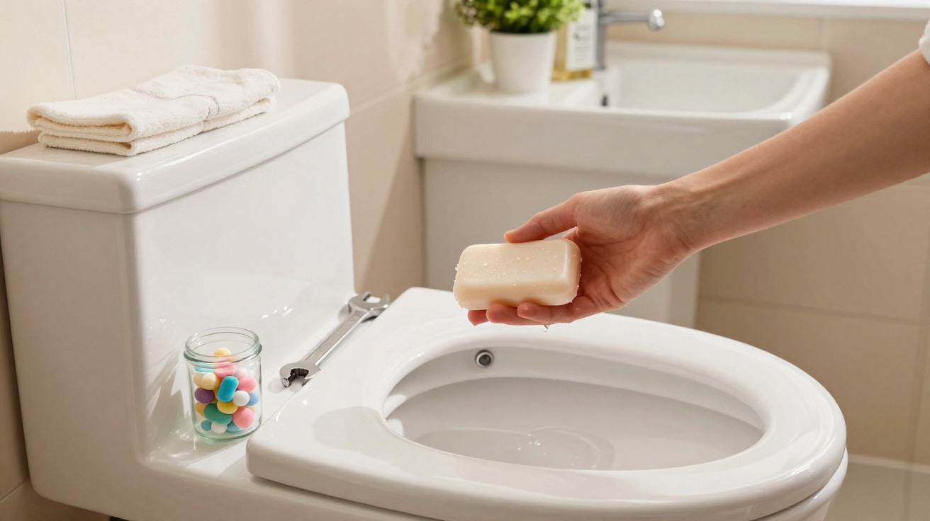 Pessoa segurando sabonete acima da tampa do vaso sanitário branco em banheiro claro.