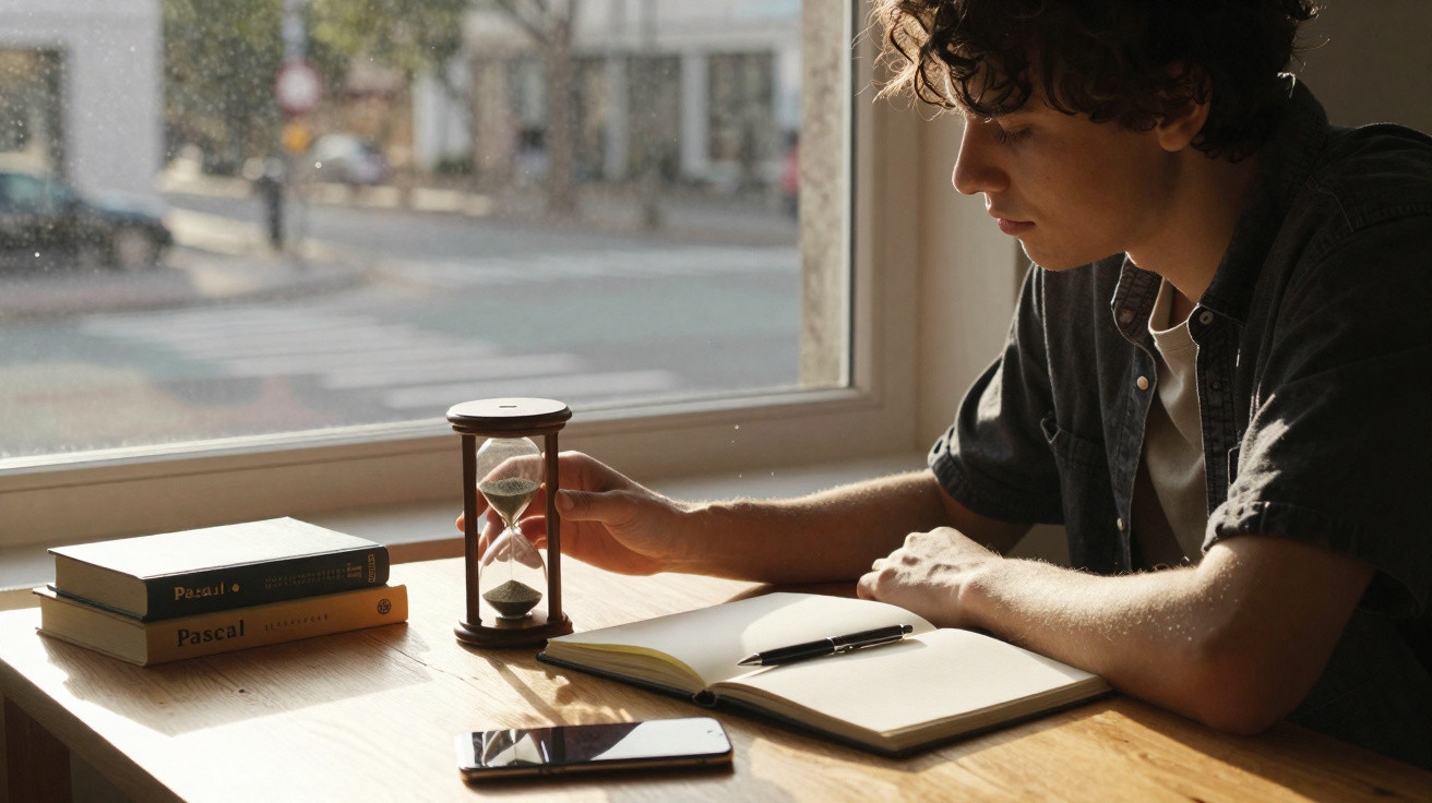 Jovem sentado à mesa com ampulheta, caderno aberto, caneta, celular e livros ao lado em ambiente iluminado.
