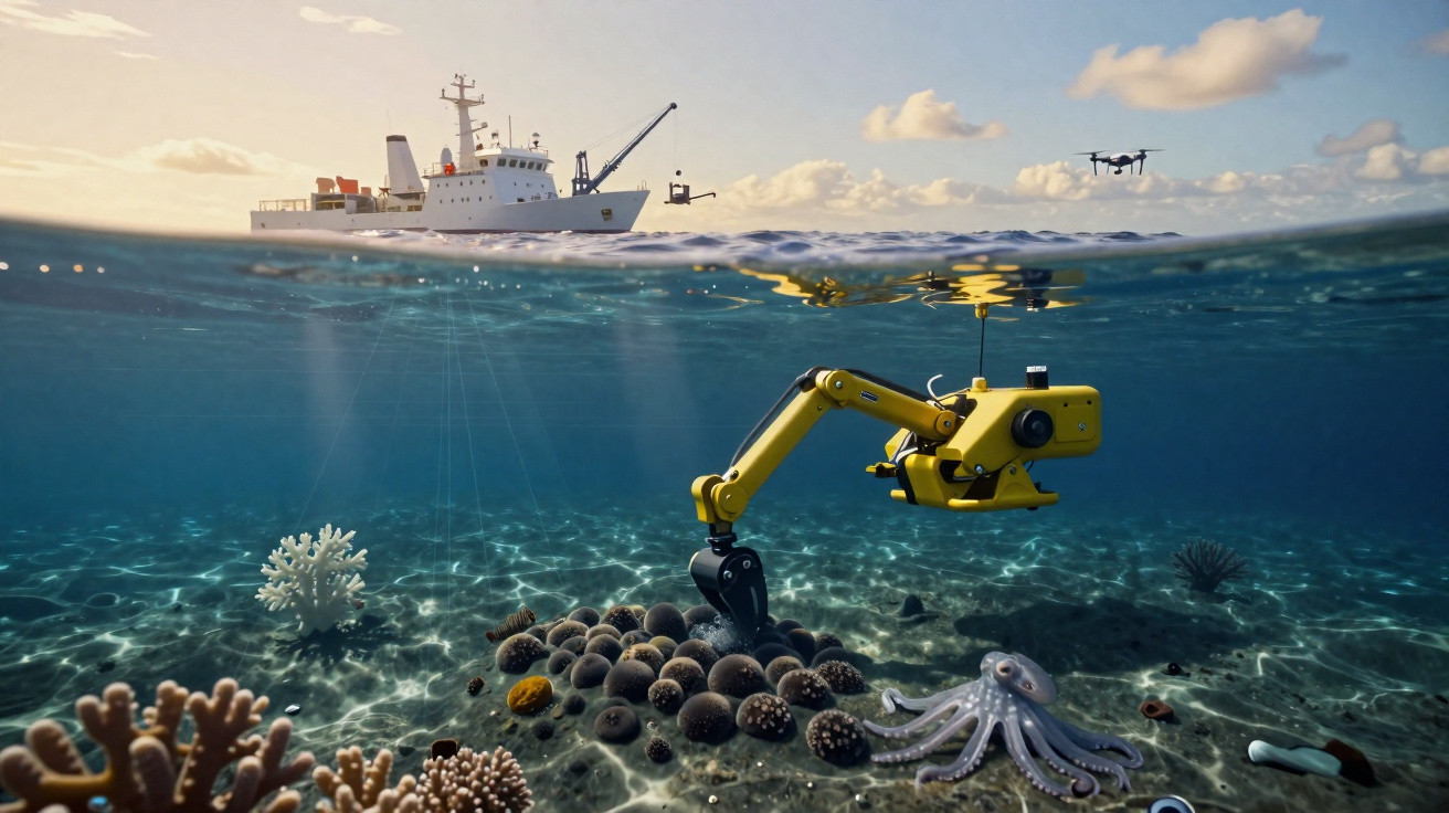 Robô subaquático amarelho explorando o fundo do mar próximo a um navio e drone na superfície.