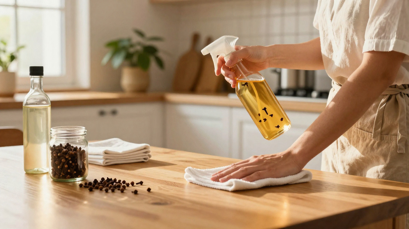 Pessoa limpando a mesa da cozinha com pano e borrifador com líquido amarelo e cravos.