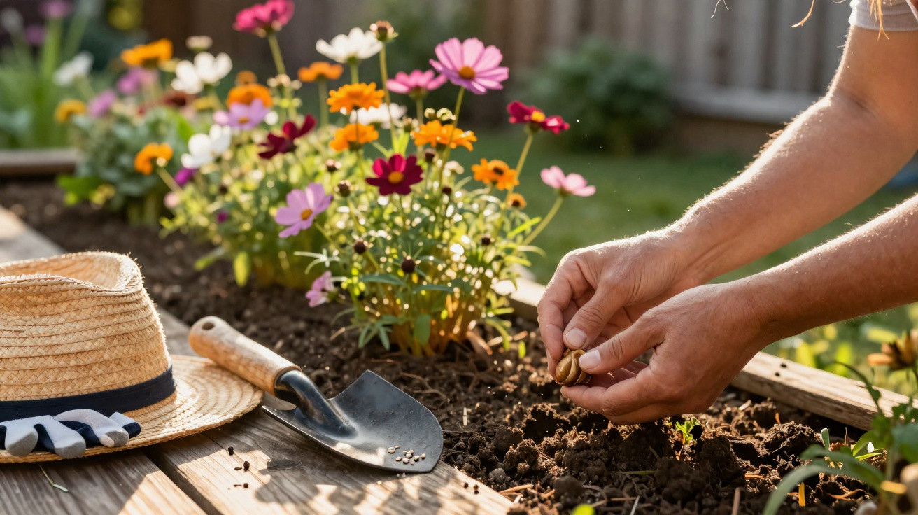 Mãos plantando sementes em canteiro com flores coloridas, pá de jardim, luvas e chapéu de palha ao lado.