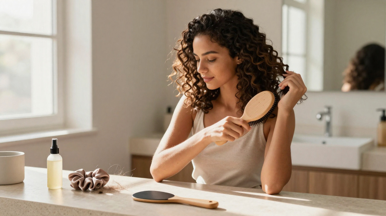 Mulher com cabelo cacheado escovando o cabelo em banheiro iluminado por luz natural.