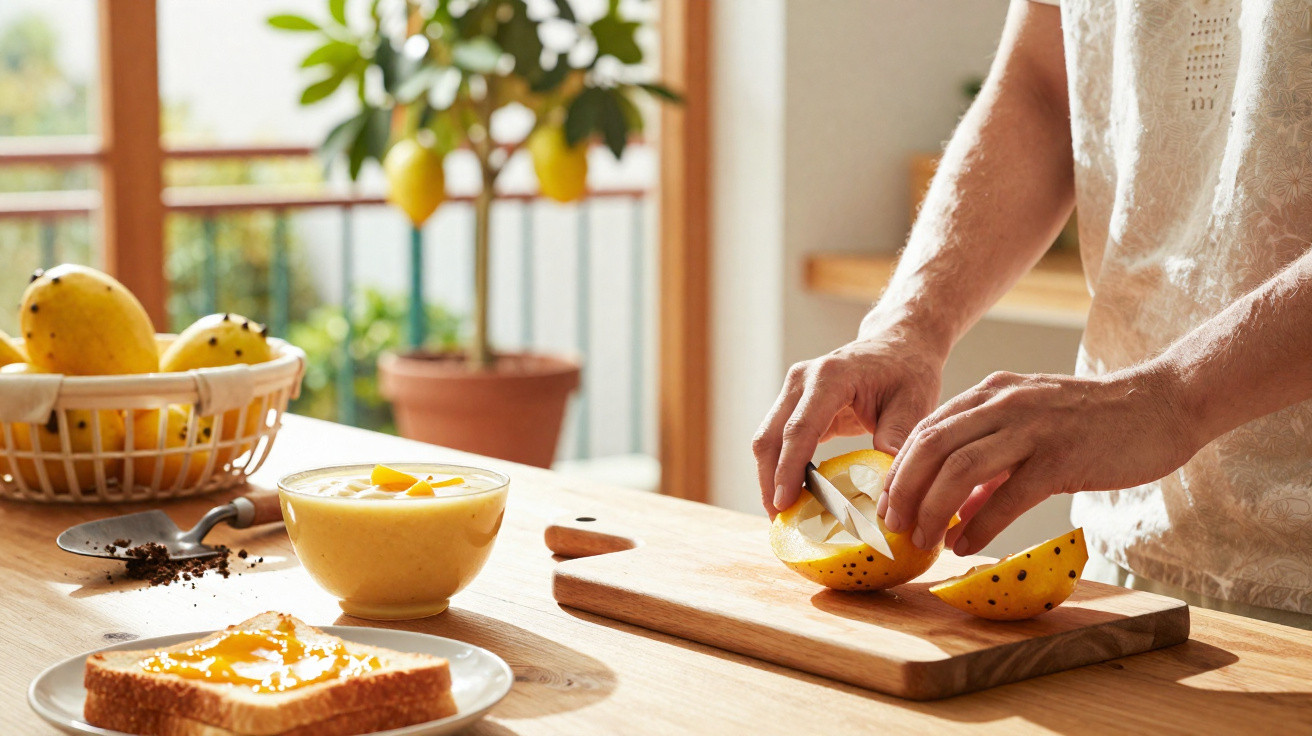 Pessoa cortando maracujá amarelo em tábua de madeira, com pão e creme de maracujá na mesa clara.