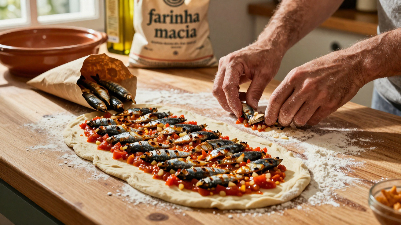 Pessoa colocando sardinhas e pinolis sobre massa com molho de tomate para preparar receita na cozinha.