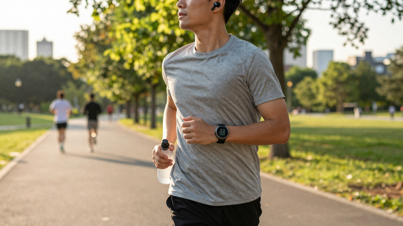 Homem correndo em parque urbano, usando camiseta cinza, relógio esportivo e fones de ouvido sem fio.