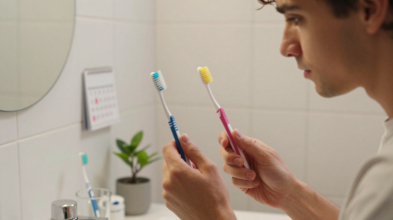 Homem segurando duas escovas de dente, azul e rosa, olhando para elas em banheiro.