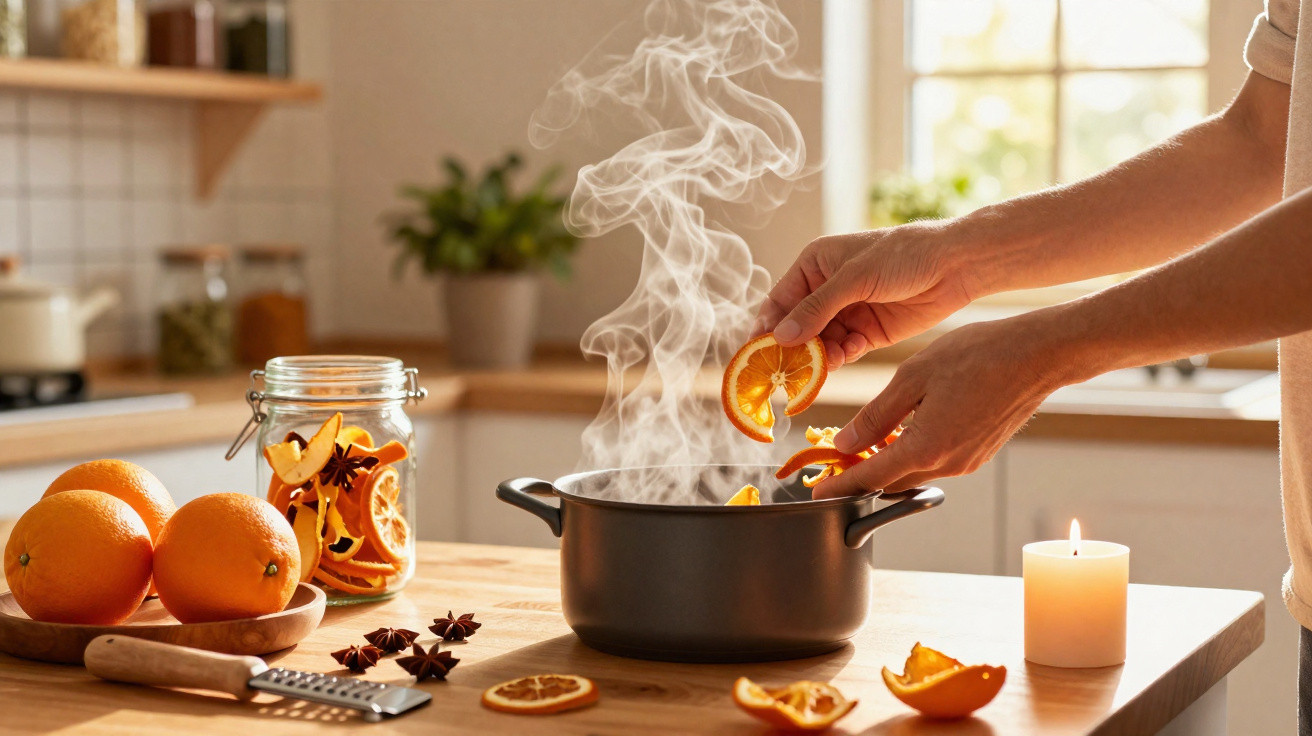 Mãos adicionando fatias de laranja em panela fumegante em cozinha iluminada com ingredientes e vela acesa.