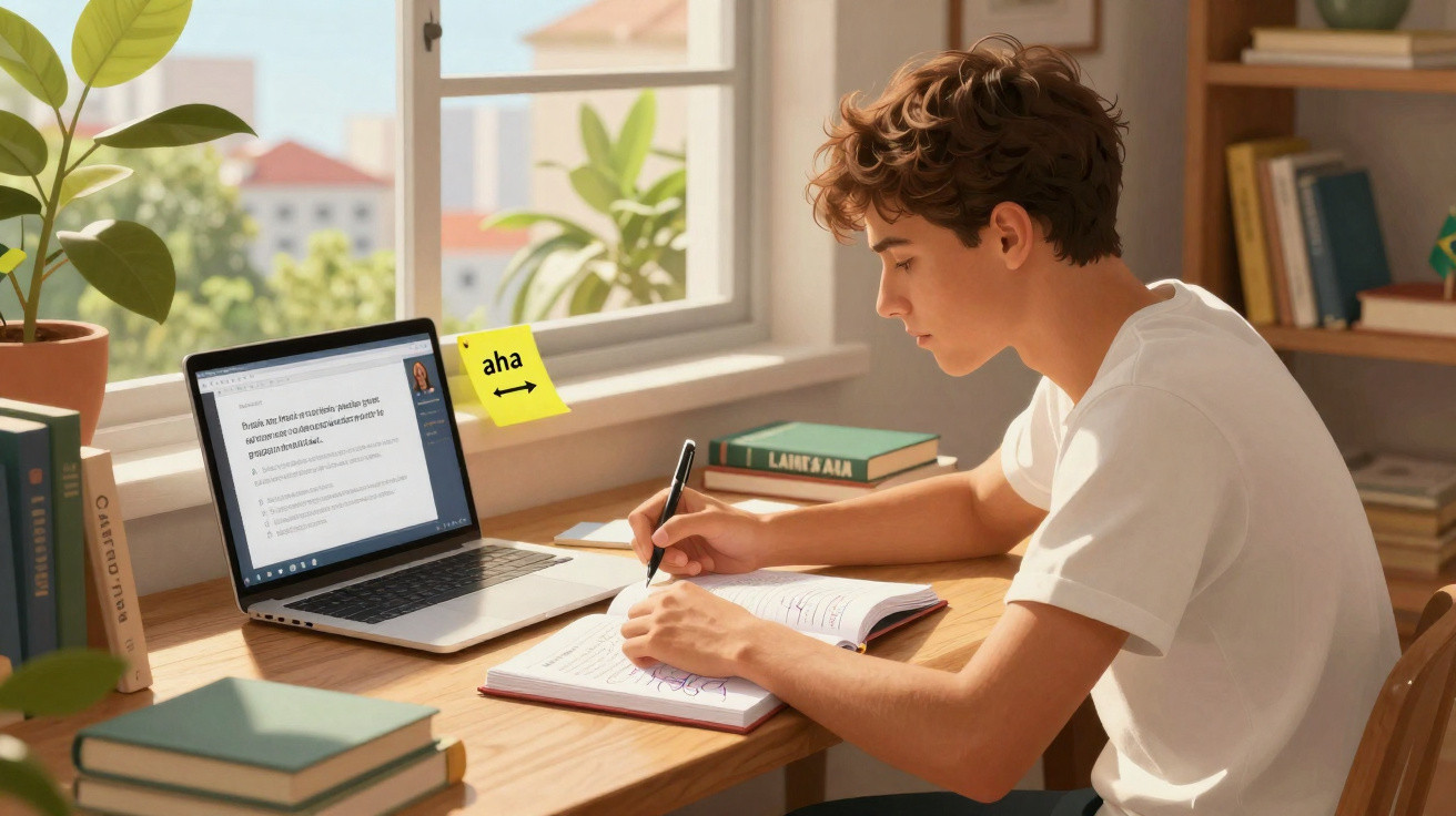 Jovem estudando em mesa com cadernos, laptop e plantas, próxima a janela iluminada.