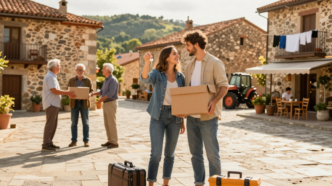 Casal jovem feliz segurando caixa e chave em aldeia com casas de pedra e outras pessoas ao fundo.