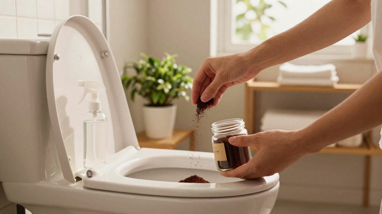 Pessoa colocando pó de café no vaso sanitário em banheiro bem iluminado e decorado com plantas.