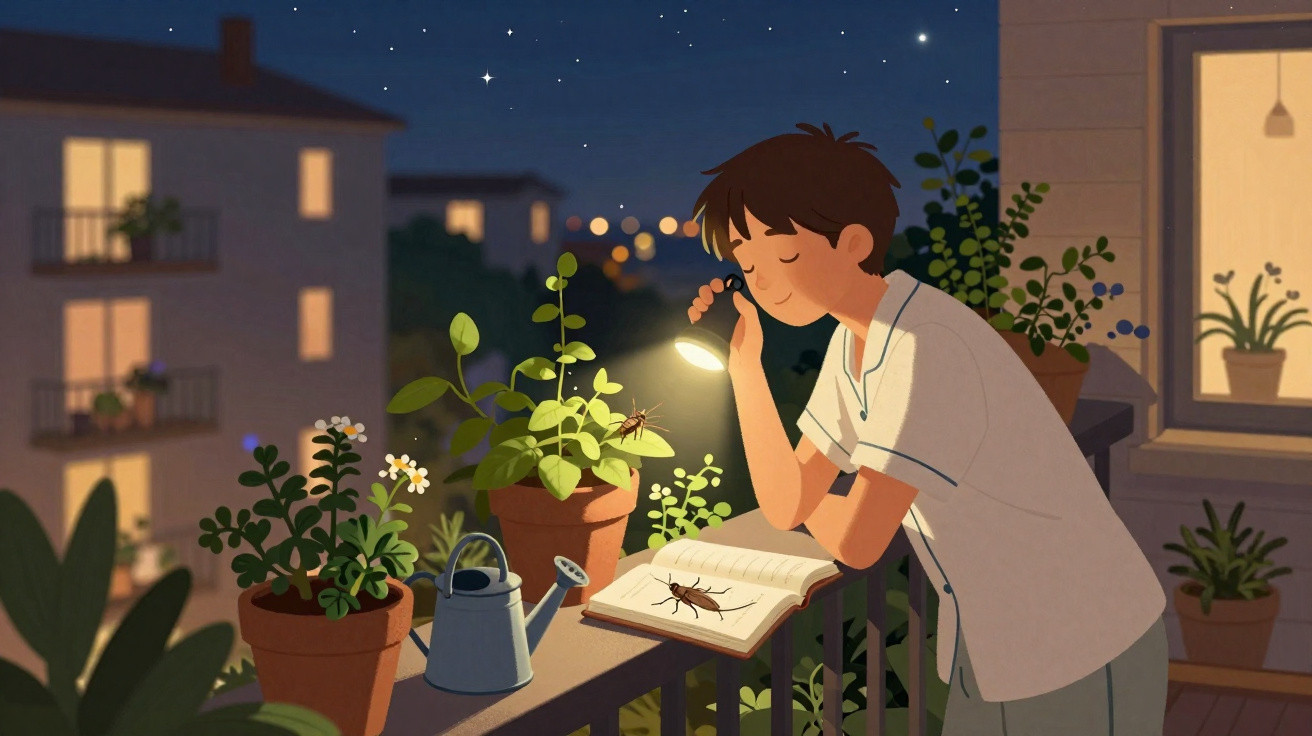 Jovem observa um grilo em livro, iluminado por lanterna, em varanda com plantas à noite estrelada.