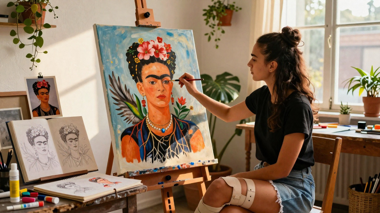 Mulher pintando quadro colorido da artista Frida Kahlo em ateliê iluminado por luz natural.