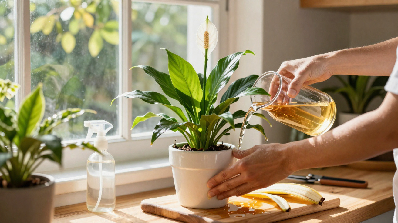 Pessoa regando planta com regador transparente em vaso branco perto da janela iluminada pelo sol.