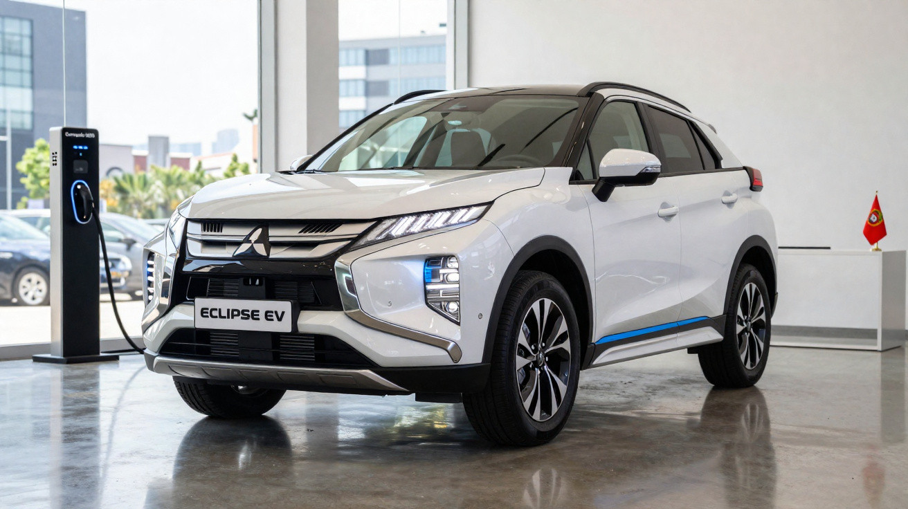 Carro elétrico branco Mitsubishi Eclipse EV exibido em showroom com estação de carregamento ao fundo.