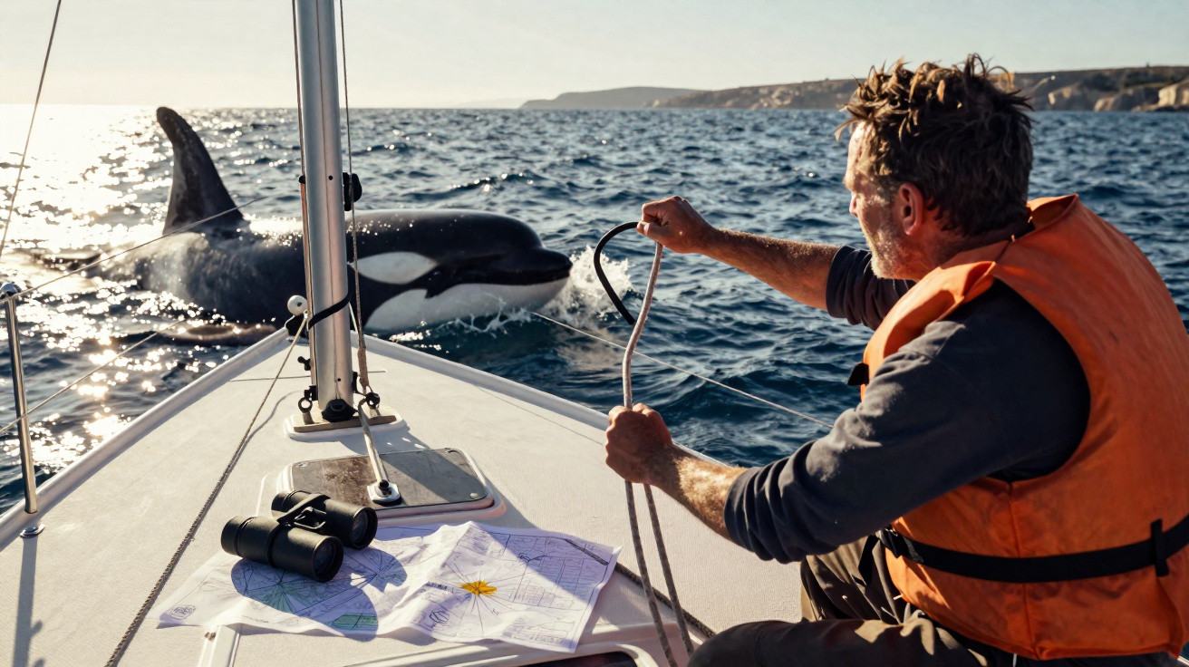 Homem com colete salva-vidas no barco segurando corda com orca próxima ao veleiro no mar.