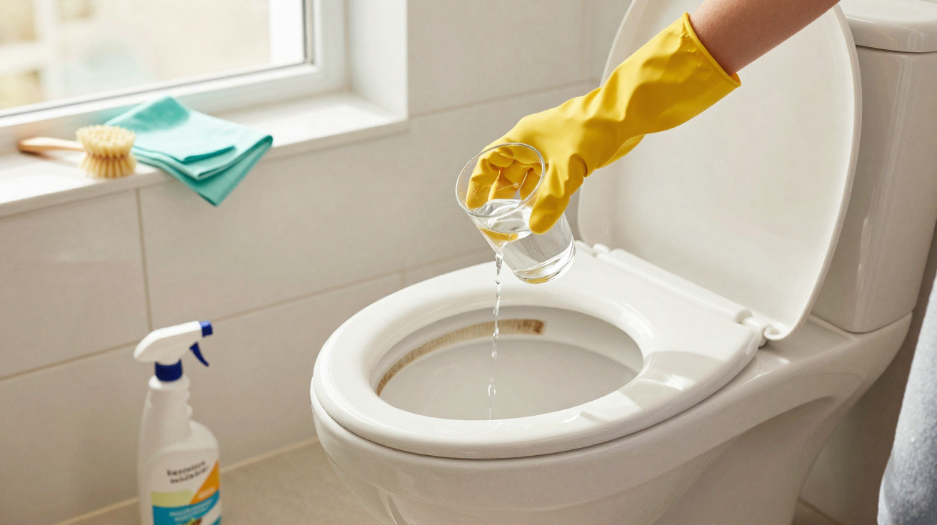 Pessoa com luva amarela despejando líquido em vaso sanitário branco em banheiro claro.