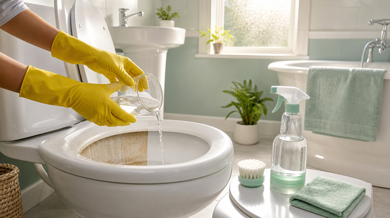 Pessoa usando luvas amarelas despejando água em vaso sanitário para limpeza, com acessórios de limpeza ao lado.