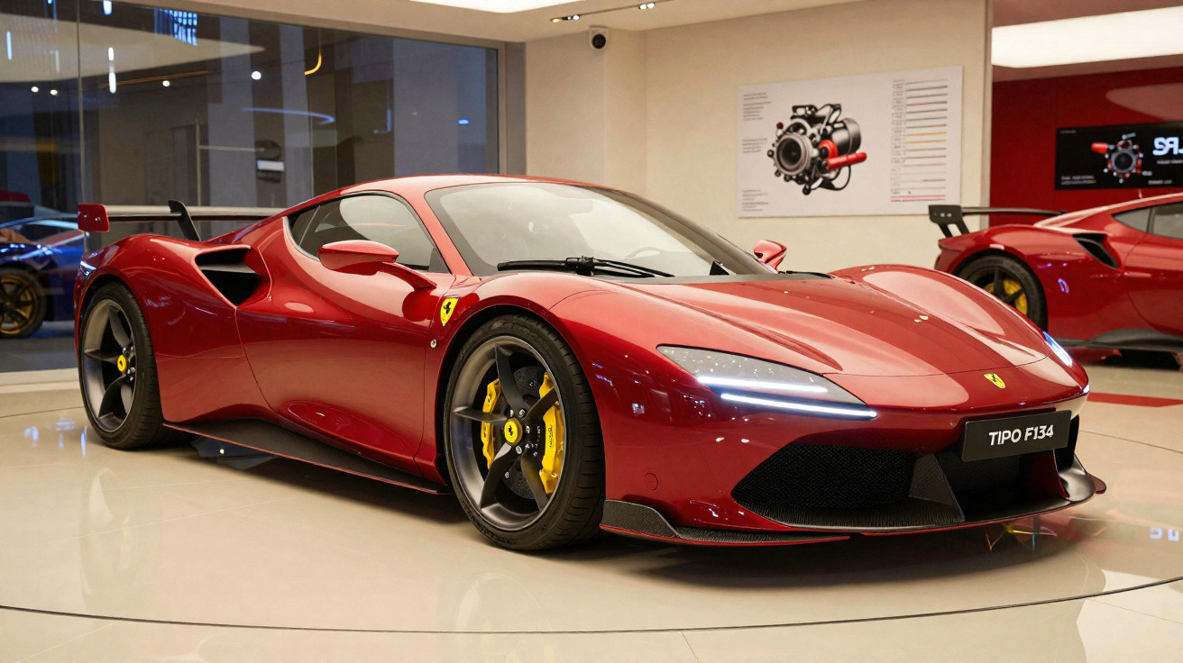 Carro esportivo Ferrari vermelha modelo Tipo F134 exibido em salão de automóveis moderno.