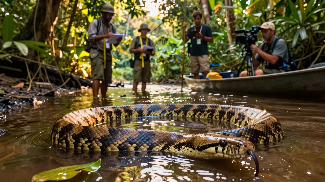 Jiboia na água com grupo de pessoas e cinegrafista observando em floresta tropical.