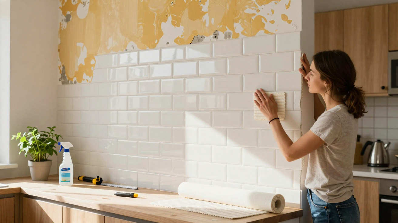 Mulher instalando azulejos brancos em parede de cozinha durante reforma.