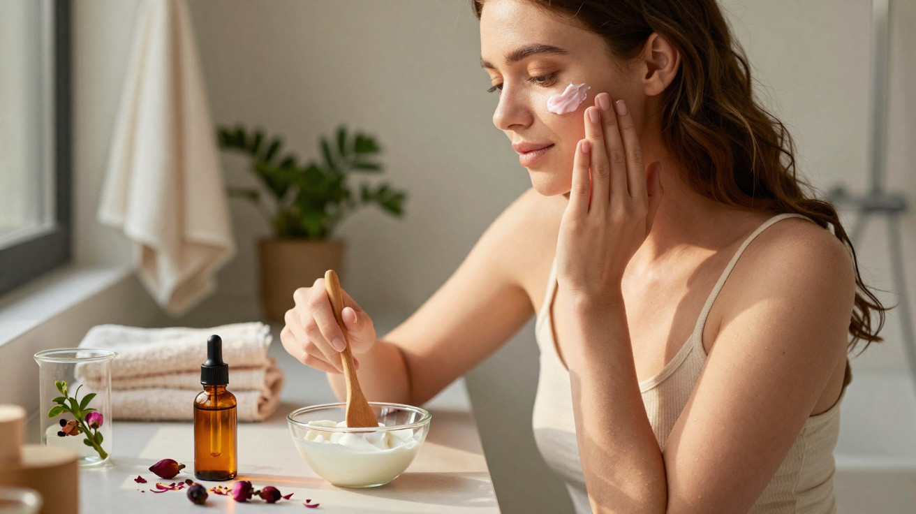 Mulher aplicando creme no rosto, com potes e toalha em mesa iluminada por luz natural.