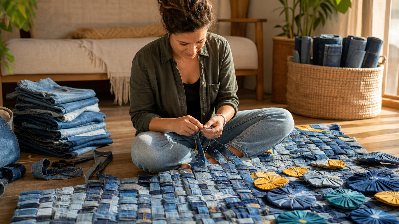 Mulher sentada no chão costurando pedaços de tecido jeans em um tapete colorido.