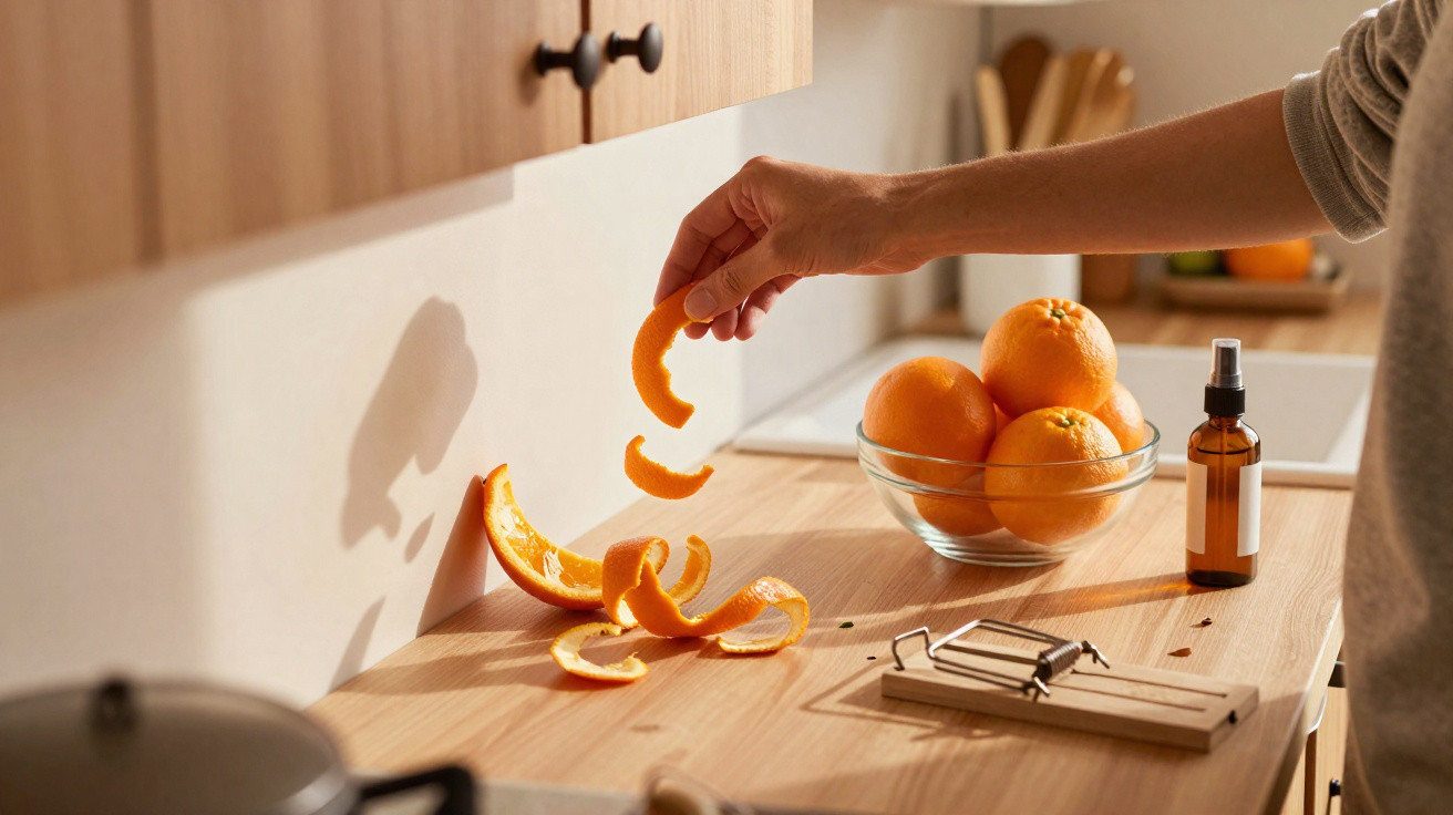 Pessoa descascando laranja sobre bancada de cozinha com tigela e spray ao fundo.