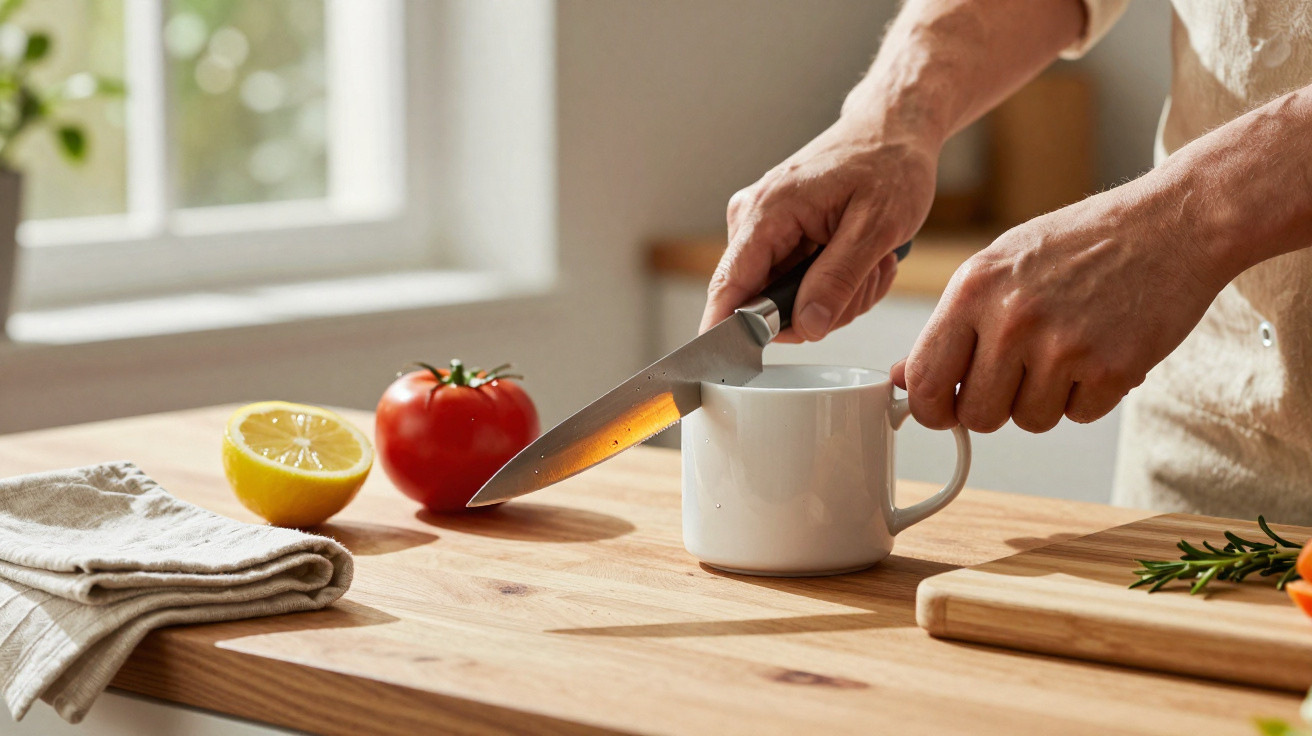 Pessoa segurando uma caneca branca e uma faca sobre mesa com tomate, limão e toalha em cozinha iluminada.